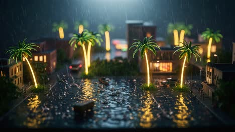 a captivating night scene of a miniature city amidst a rainfall, featuring lush palm trees, glowing lights, and reflections in the water, evoking a serene yet dynamic atmosphere