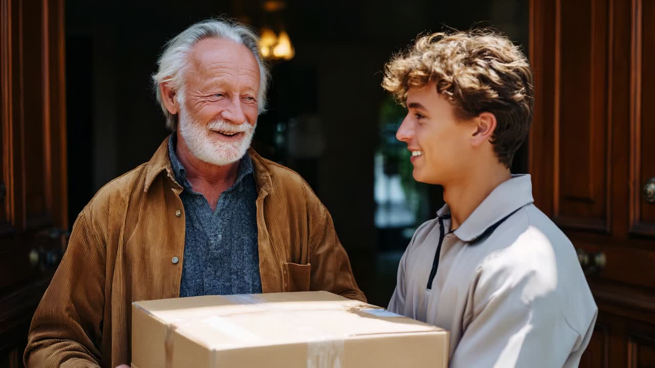 A Heartwarming Moment of Connection: A Young Delivery Person Hands a Package to an Elderly Man, Capturing Joyful Expressions and a Sense of Community in a Warm Residential Setting