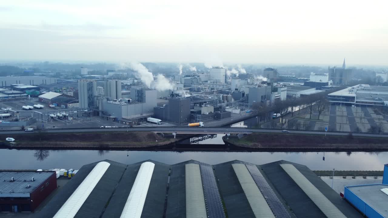 Aerial view of an industrial area with factories and canals