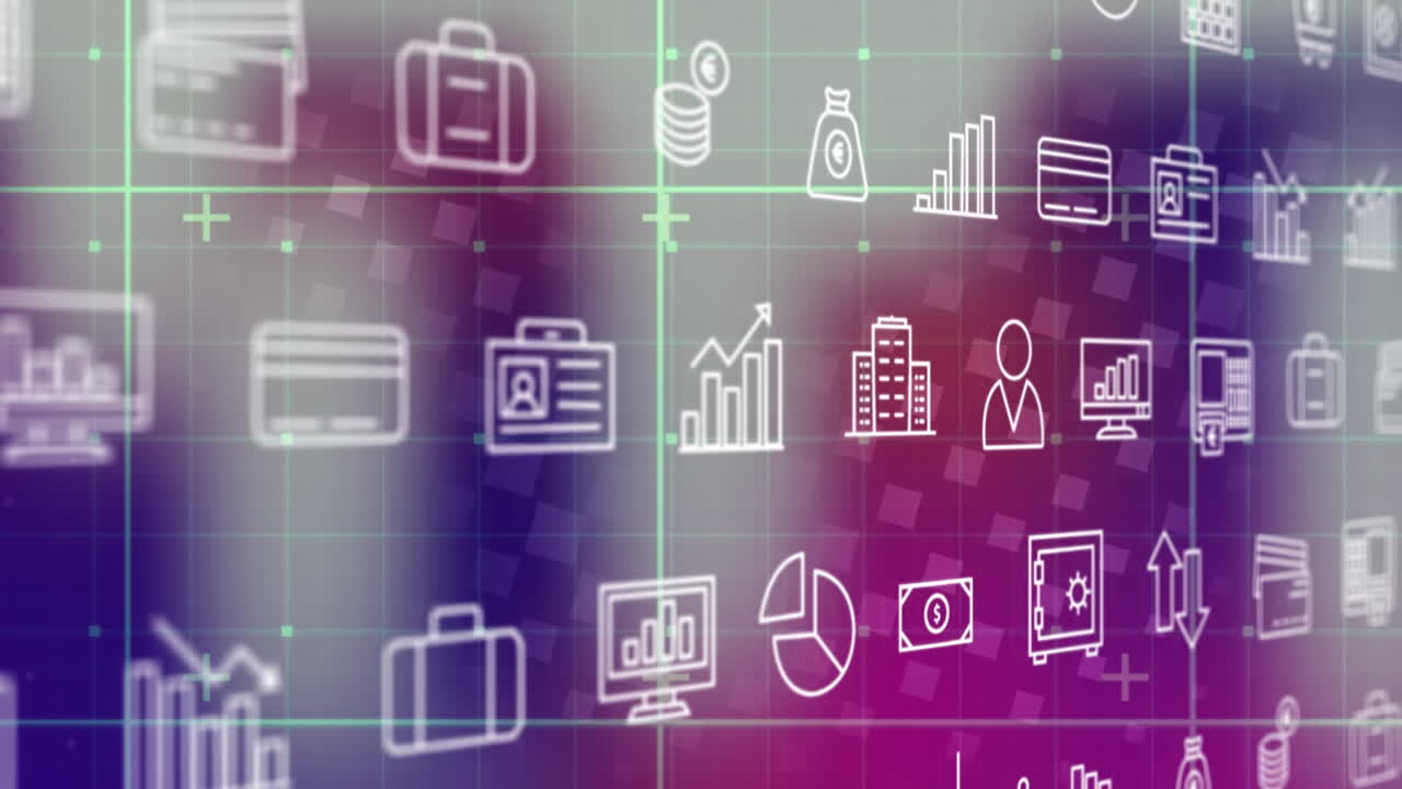 animación de la interfaz con iconos digitales a través de la red de cuadrícula contra un fondo de gradiente púrpura