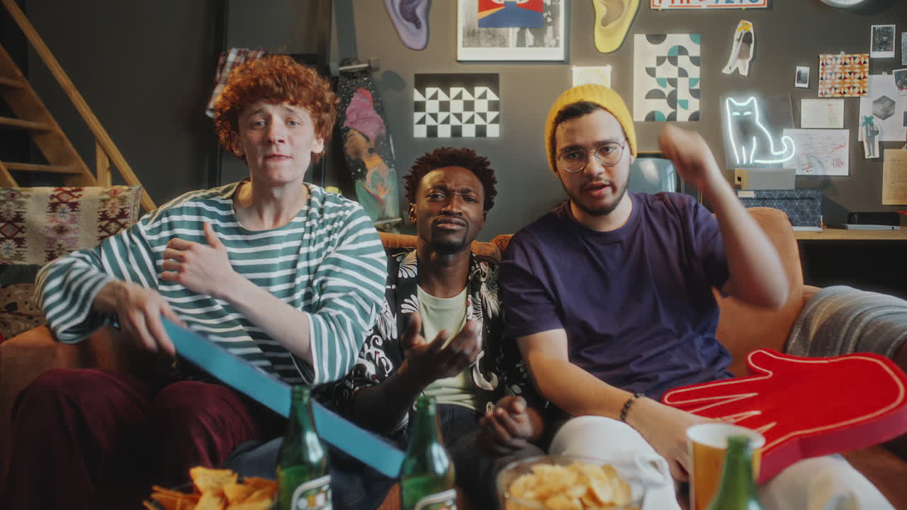 Frustrated Friends Watching Sports on TV, Reacting to Disappointing Game Results