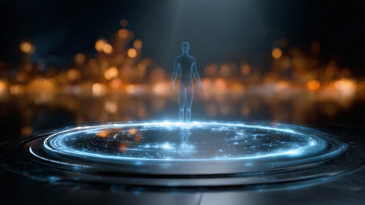 A digital humanoid figure stands within a glowing circular portal, surrounded by a mesmerizing background of shimmering light, suggesting a sci-fi fantasy theme