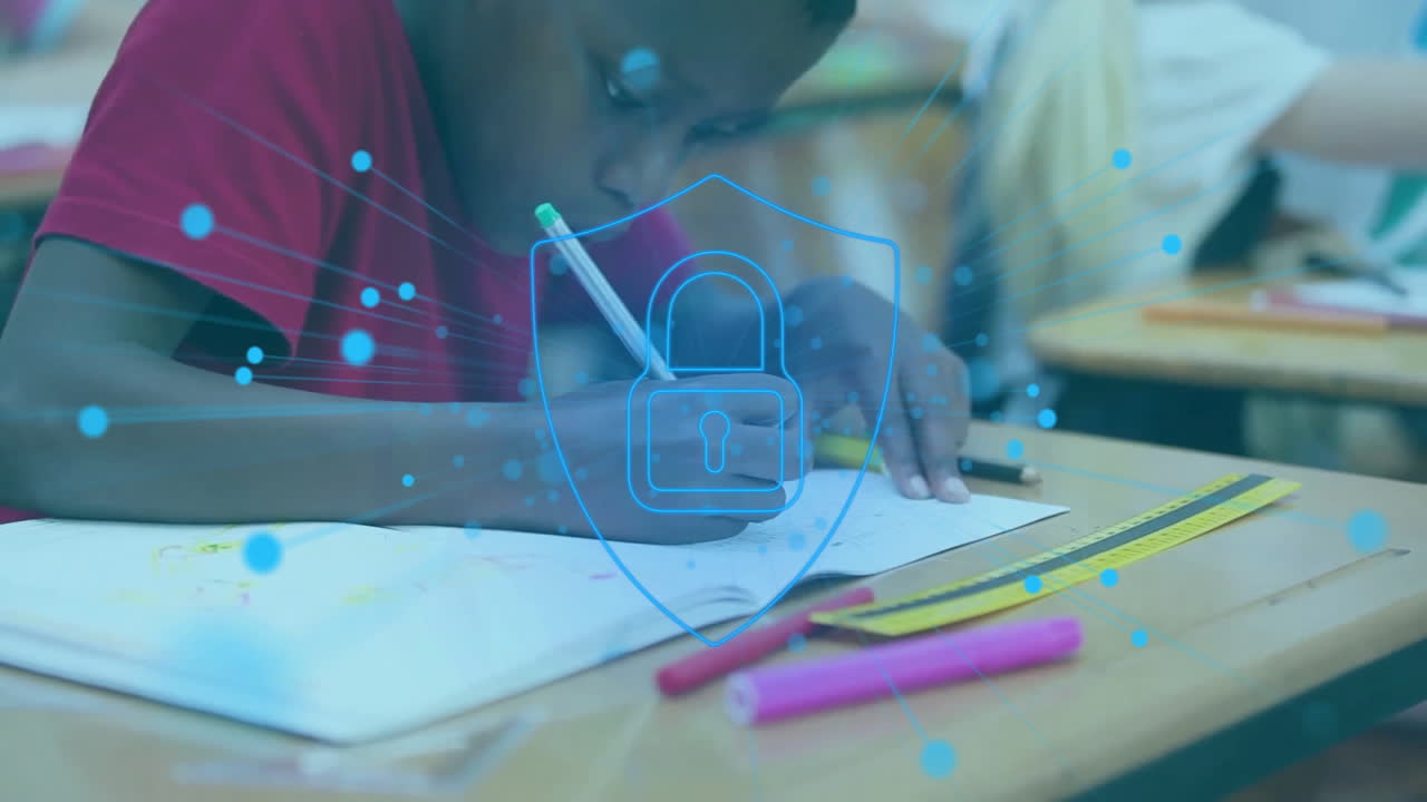 Child writing in notebook with digital security lock animation overlay