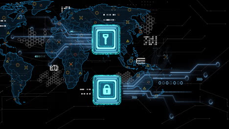 Animation-of-circuit-board,-key-and-padlock-icon-and-network-of-connections-over-world-map