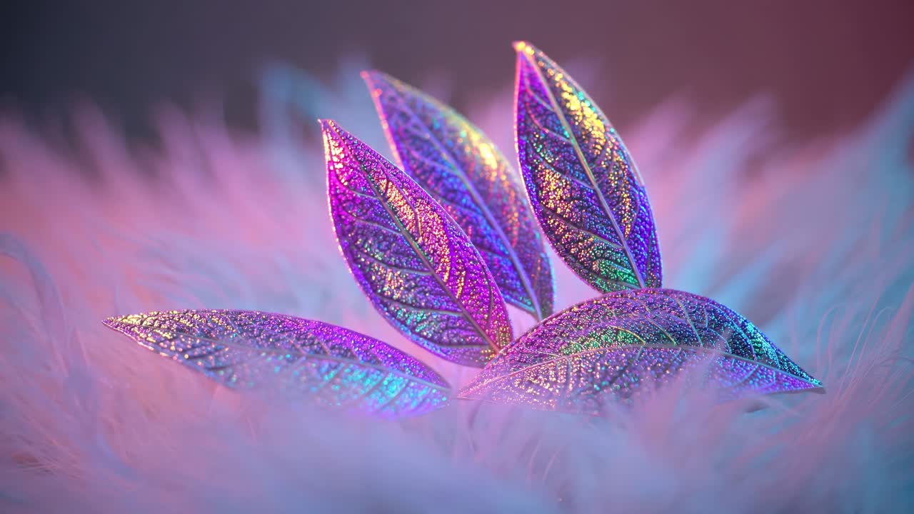 Four holographic leaves in pink, purple, turquoise, and gold shimmer atop soft white feathers, illuminated by colorful light, evoking a magical and dreamy atmosphere