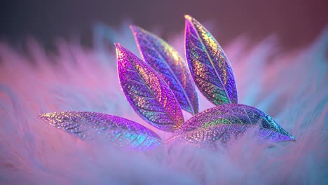 four holographic leaves in pink, purple, turquoise, and gold shimmer atop soft white feathers, illuminated by colorful light, evoking a magical and dreamy atmosphere