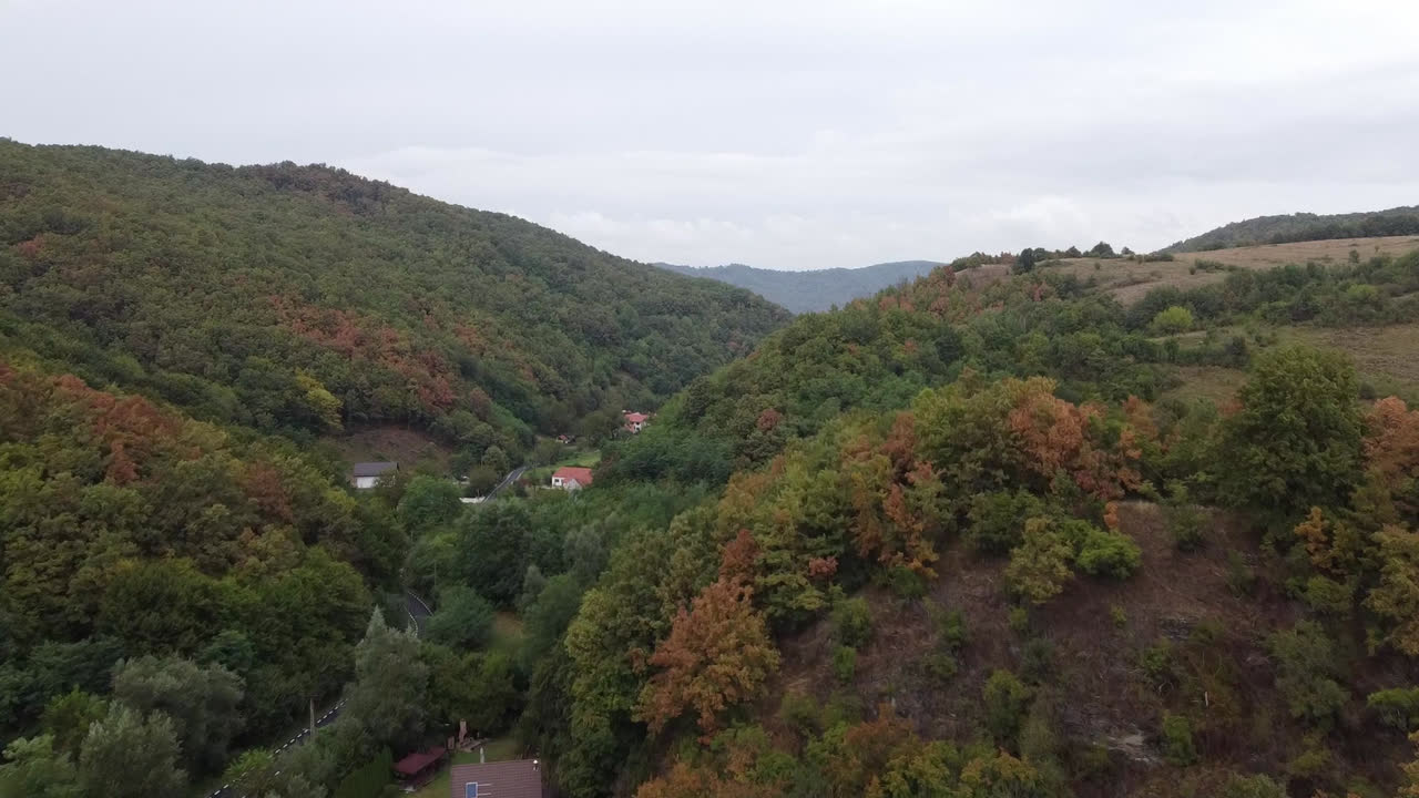 Farm field with parallel lines from machinery and distant green forest edge under cloudy sky, drone ascend into valley