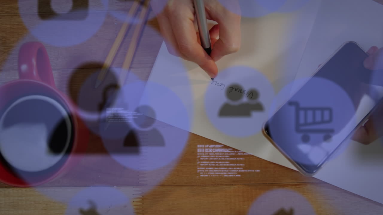 animación de iconos digitales en línea sobre mujer caucásica con teléfono inteligente