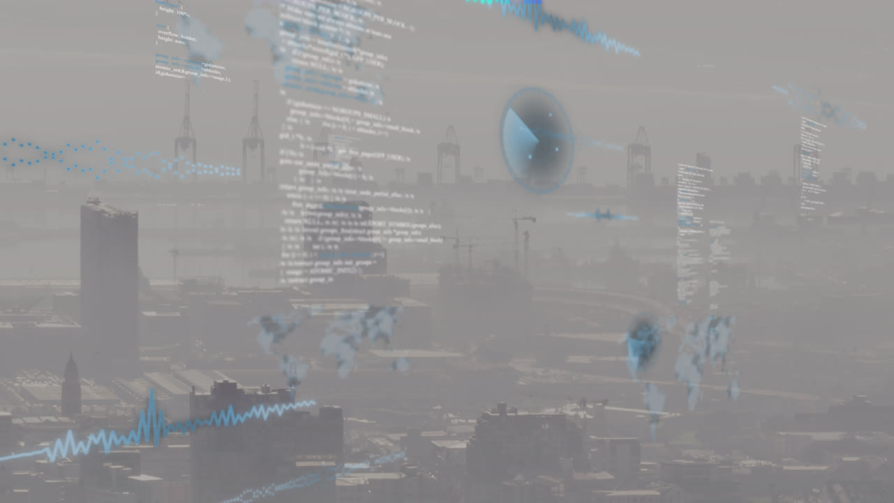 animación del procesamiento de datos financieros sobre el paisaje urbano