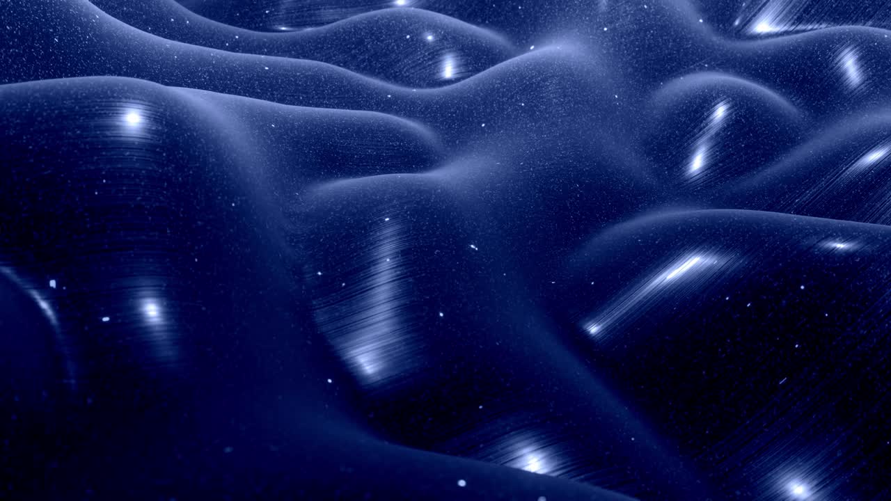 Stylish festive black bg. Fantastical abstract looped background, waves move on glossy surface like landscape made of liquid blue wax with sparkles. Beautiful soft background with smooth animation 4k