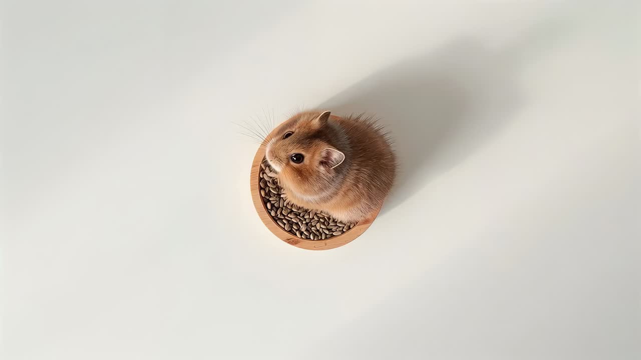 Gyllene hamster som reagerar på ljus och vrider huvudet i en träskål med frön på ett vitt bord