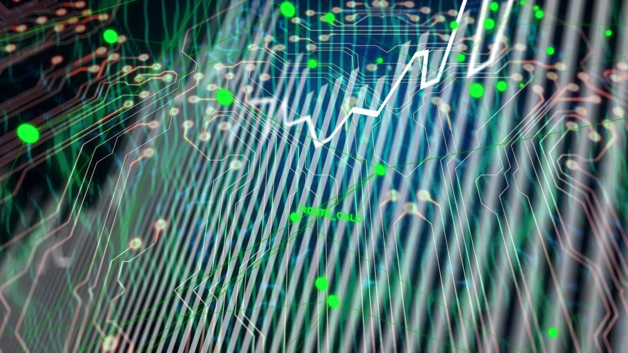 Layered digital data visualization responding to node activation, chart rising to show data growth