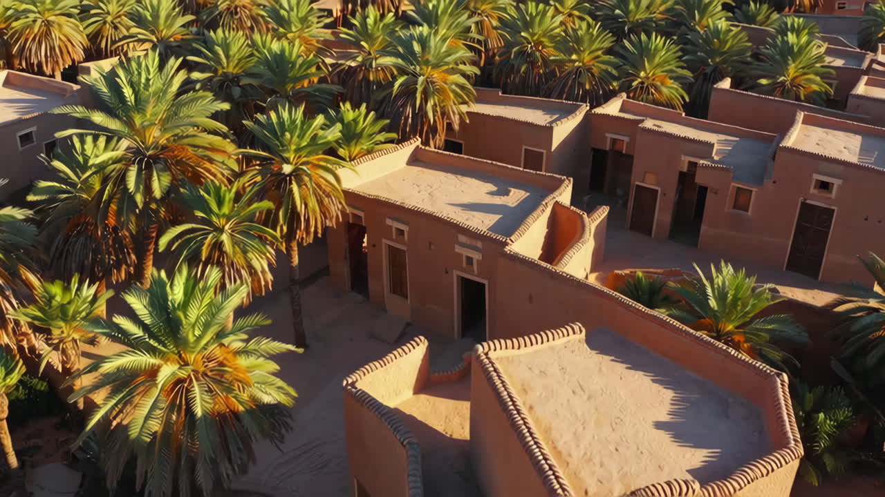 Desert Oasis with Palm Trees and Ancient Buildings