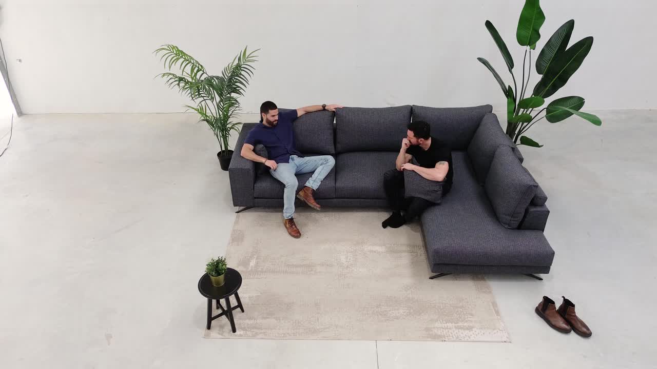 Aerial Perspective: Friends Engaging in Conversation on the Couch. Talking men on the sofa at home