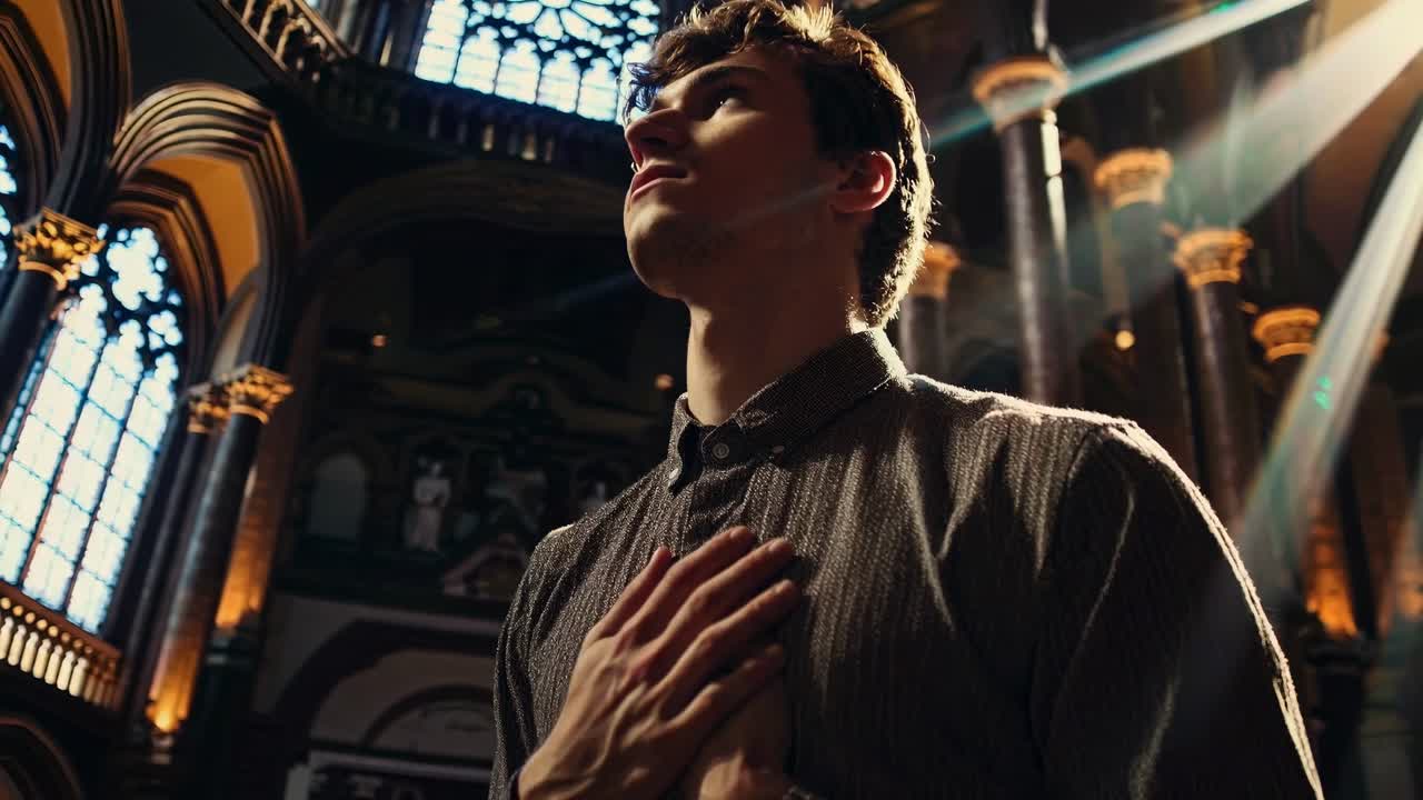 Low-angle shot of a person in a cathedral, hand on chest, with dramatic lighting and stained glass