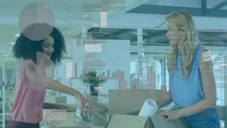 animation of financial data processing over diverse businesswomen unpacking boxes in office