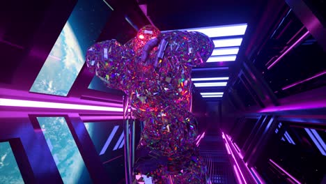 crystal alien in a futuristic spaceship corridor