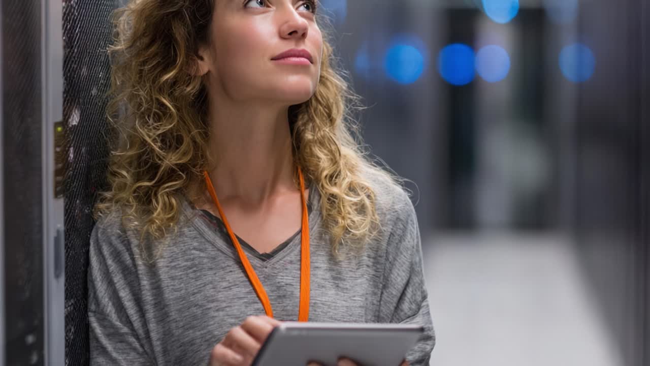 Un momento di riflessione in un ambiente high-tech: una donna con i capelli ricci si ferma a contemplare circondata da server di dati in una struttura moderna.