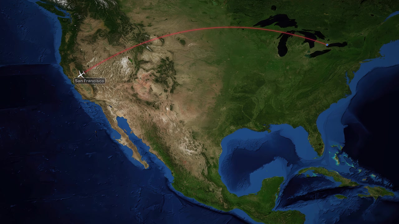 Satellite map animation tracks a plane flying from Toronto to San Francisco with red line