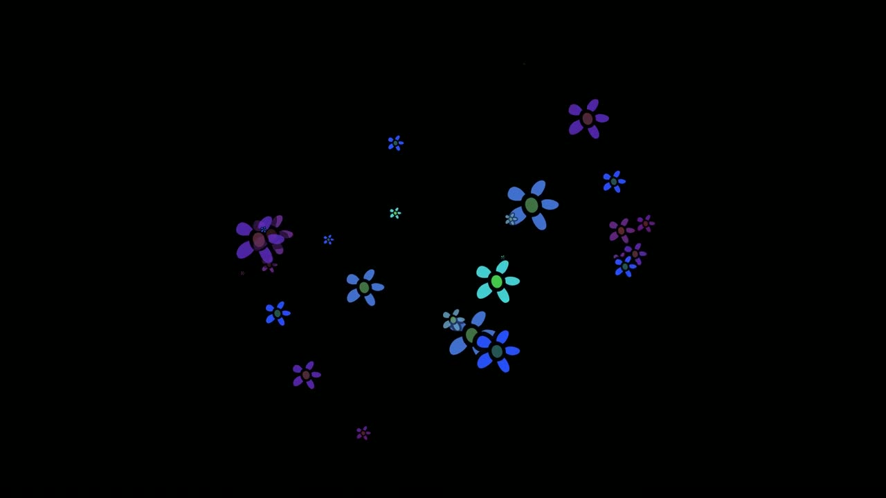 Schwarzer Hintergrund mit sich bewegenden Blumenformen.