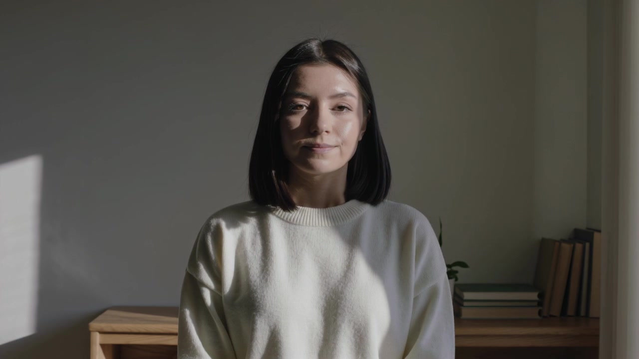 Donna asiatica che sorride e batte le palpebre, muovendosi in casa, mentre la luce del sole si diffonde su una scrivania in maglia color crema, libri e una pianta.