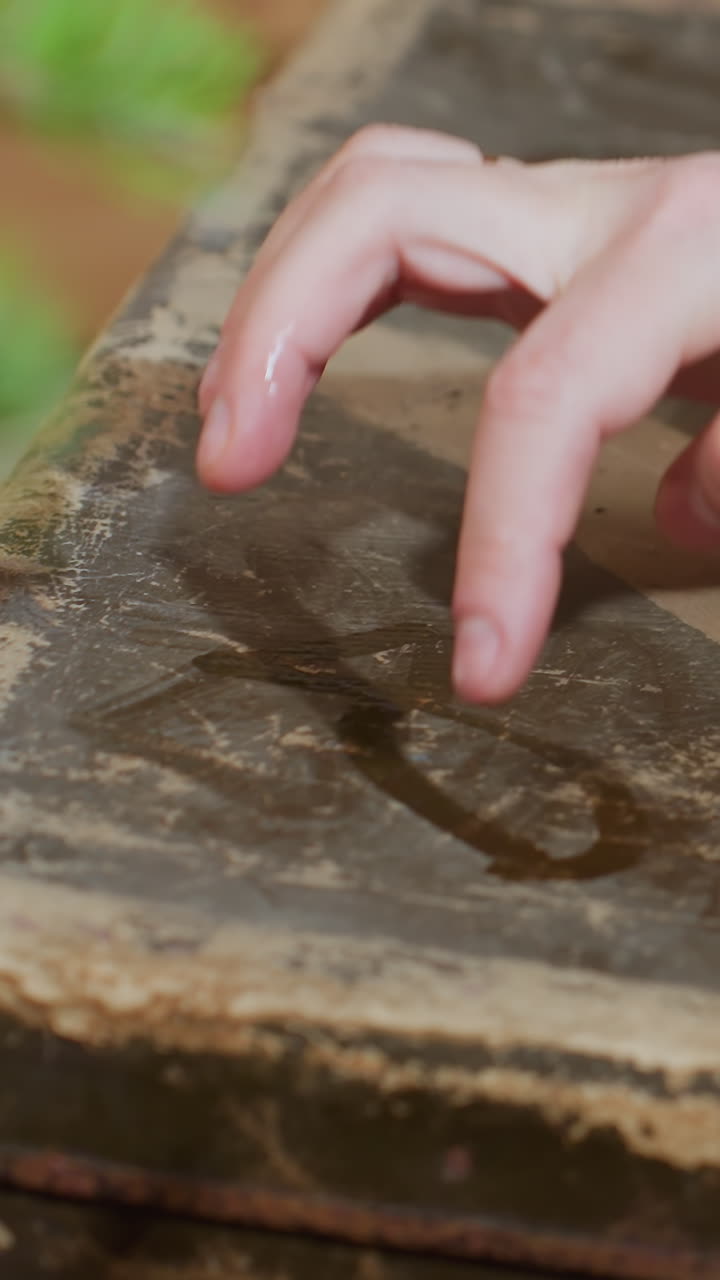 Mujer blanca escribiendo un mensaje en polvo sobre una pizarra antigua, la punta del dedo traza letras y formas cerca de una rama perenne y luces cálidas, revelación lúdica del saludo con un movimiento suave, ambiente festivo y acogedor