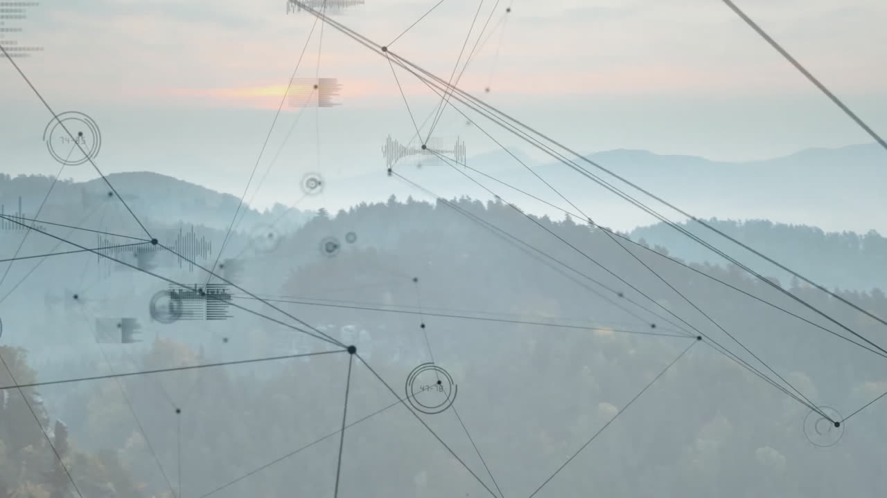 Animated digital network overlaying misty mountain ridges, showing lines, nodes and waveform charts