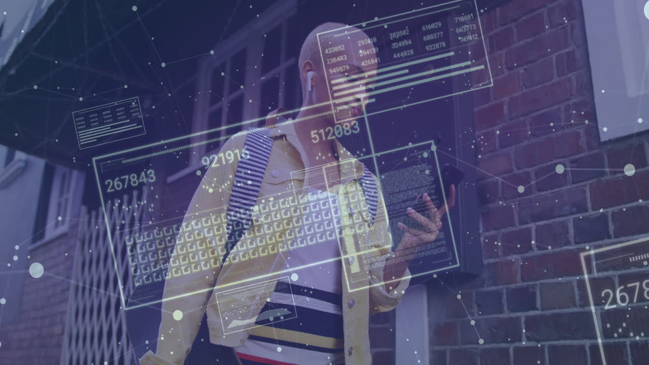 Using smartphone with animation of digital data, person in school environment