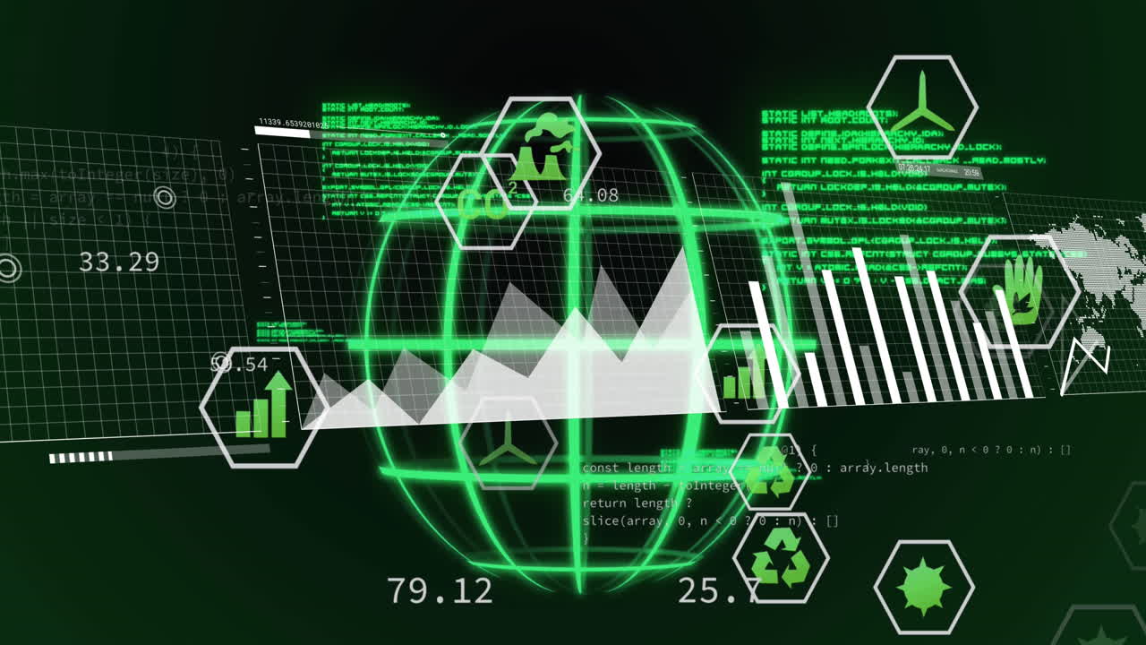 Animation of grid pattern globe, graphs, icons, computer language over abstract background