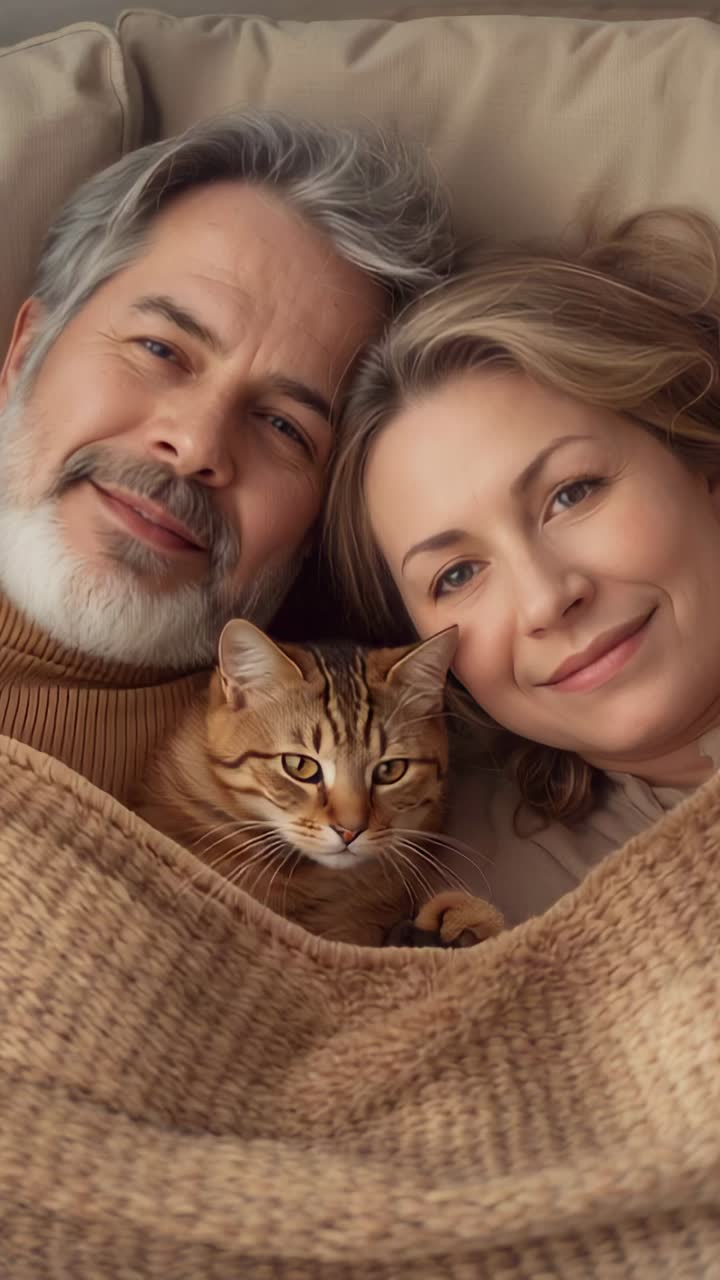 Video verticale: la telecamera riprende una coppia distesa e rilassata su un divano con un gatto soriano sotto un plaid a maglia grossa