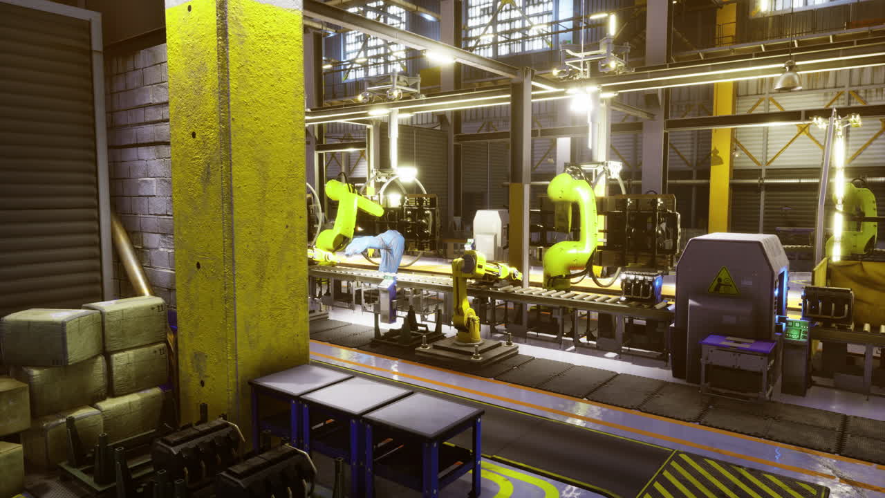 Modern factory interior showcasing robotic assembly and machinery work