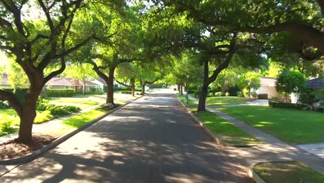 Aerial-drone-footage-going-down-a-Pasadena-street-during-a-sunny-afternoon