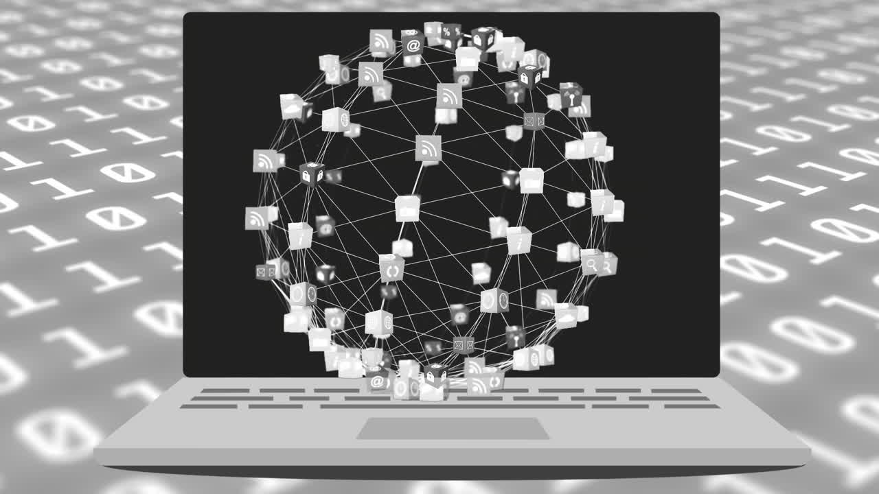 animación de la red de conexiones sobre la pantalla del portátil y código binario en fondo gris