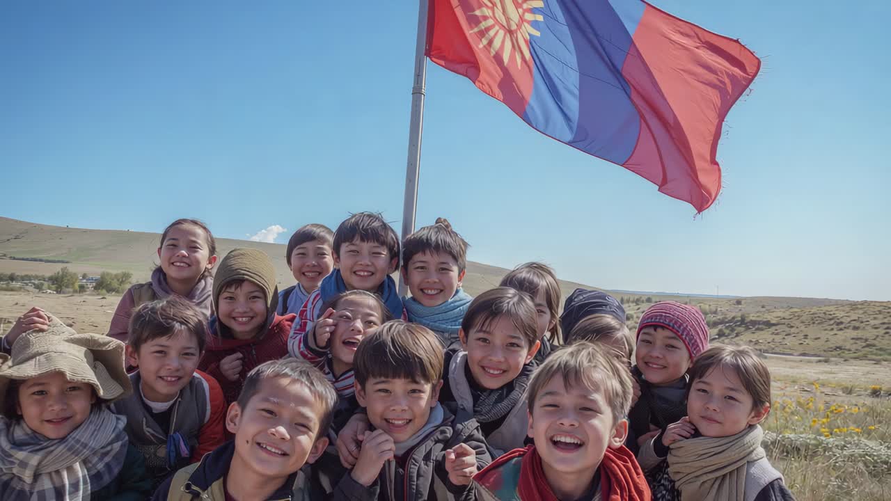Camera starting, students posing for group portrait on grassy plain with flag, backpacks, jackets