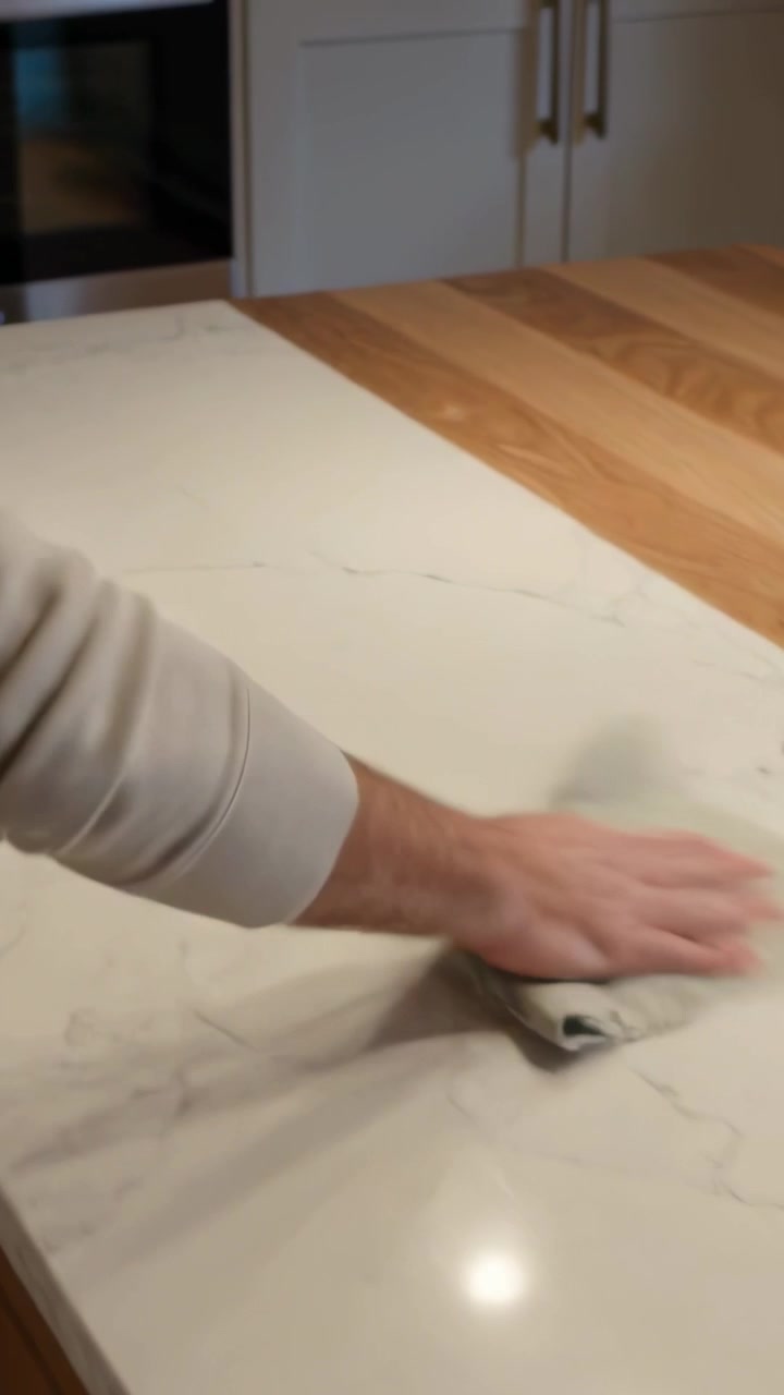 Vertikales Video: Ein Tuch wird platziert, ein Arm in einem langärmeligen Oberteil wischt eine Kücheninsel sauber, mit Freiraum für Text.
