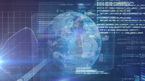 animation of data processing over globe spinning on blue background