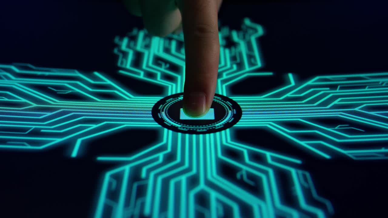 Human Finger Pushes Touch Digital Lock Key With Futuristic Artificial Intelligence Spreading Through Internet. Visualization Of Machine Learning, Computer Technology, Neural Network