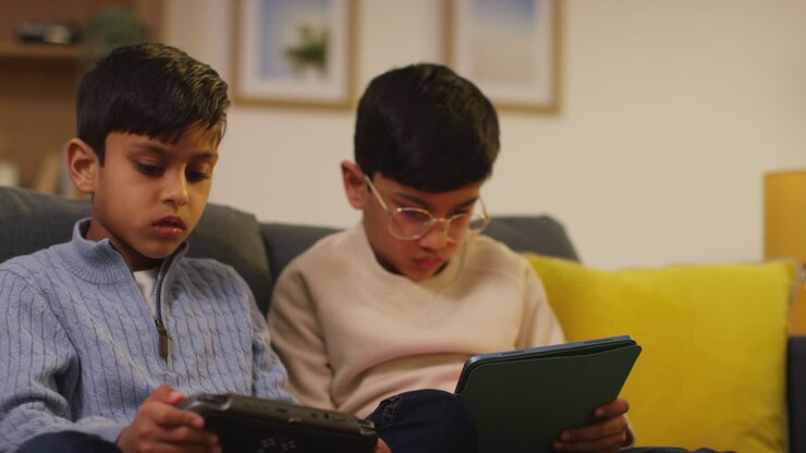 Due ragazzi seduti sul divano a casa che giocano o guardano contenuti in streaming su tablet digitali 22