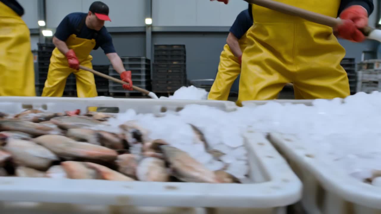 Kisten schaufeln, die Eis benötigen, Crew in gelben Latzhosen und roten Handschuhen verteilt Eis über Fisch in der Fabrik.
