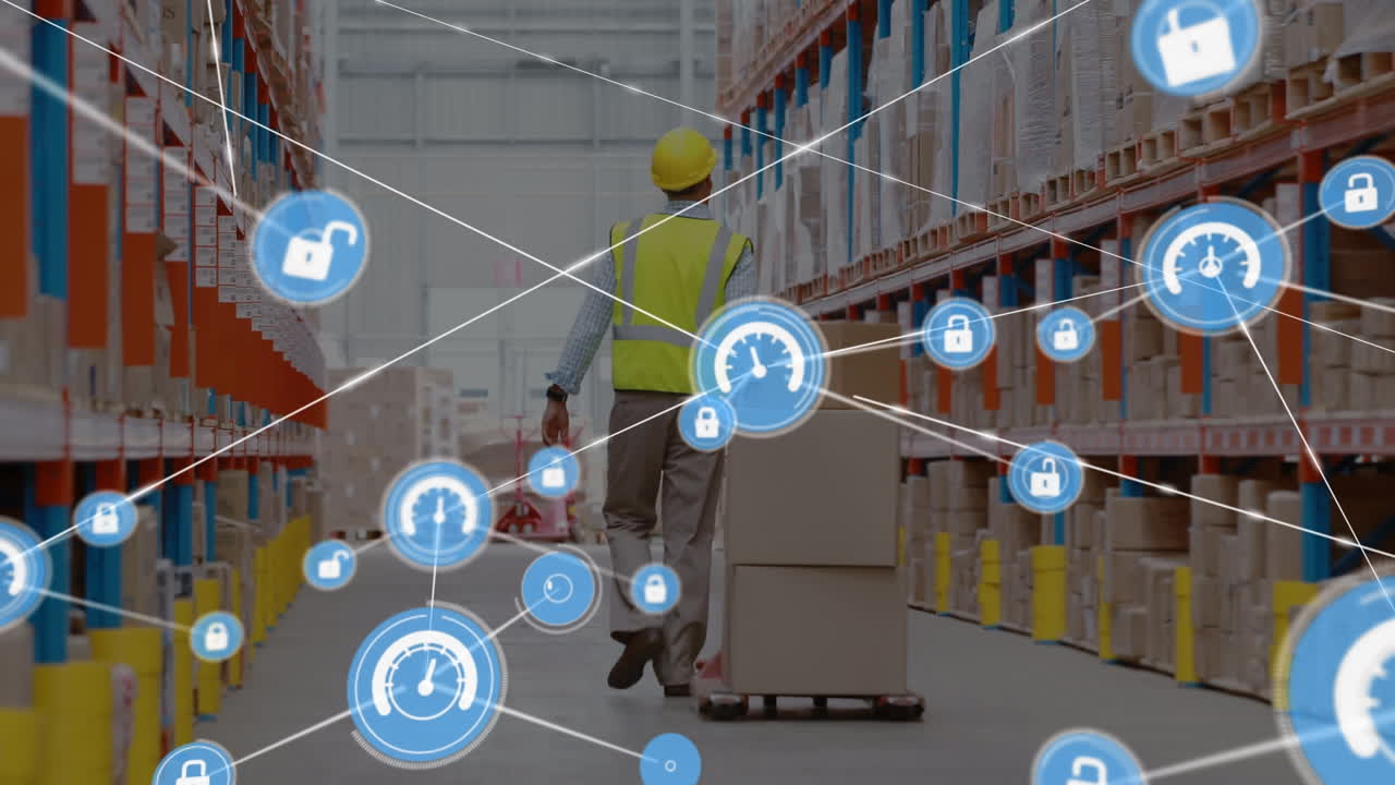 animación de la red de conexiones sobre el hombre caucásico en el almacén