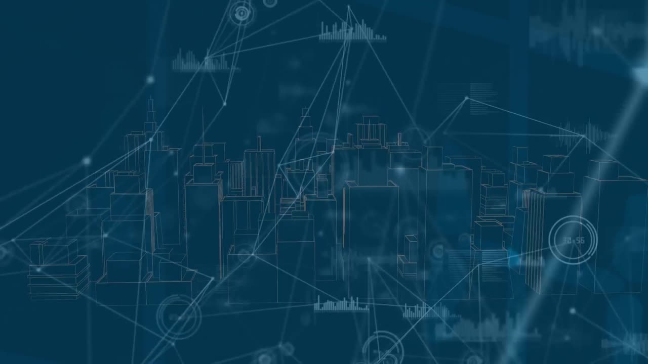 animación de puntos conectados con líneas e iconos de gráficos sobre un modelo 3d de ciudad sobre un fondo abstracto