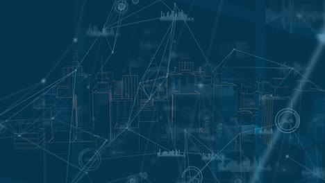 Animation-Von-Punkten,-Die-Mit-Linien-Und-Diagrammsymbolen-über-Einem-3D-Stadtmodell-Auf-Abstraktem-Hintergrund-Verbunden-Sind