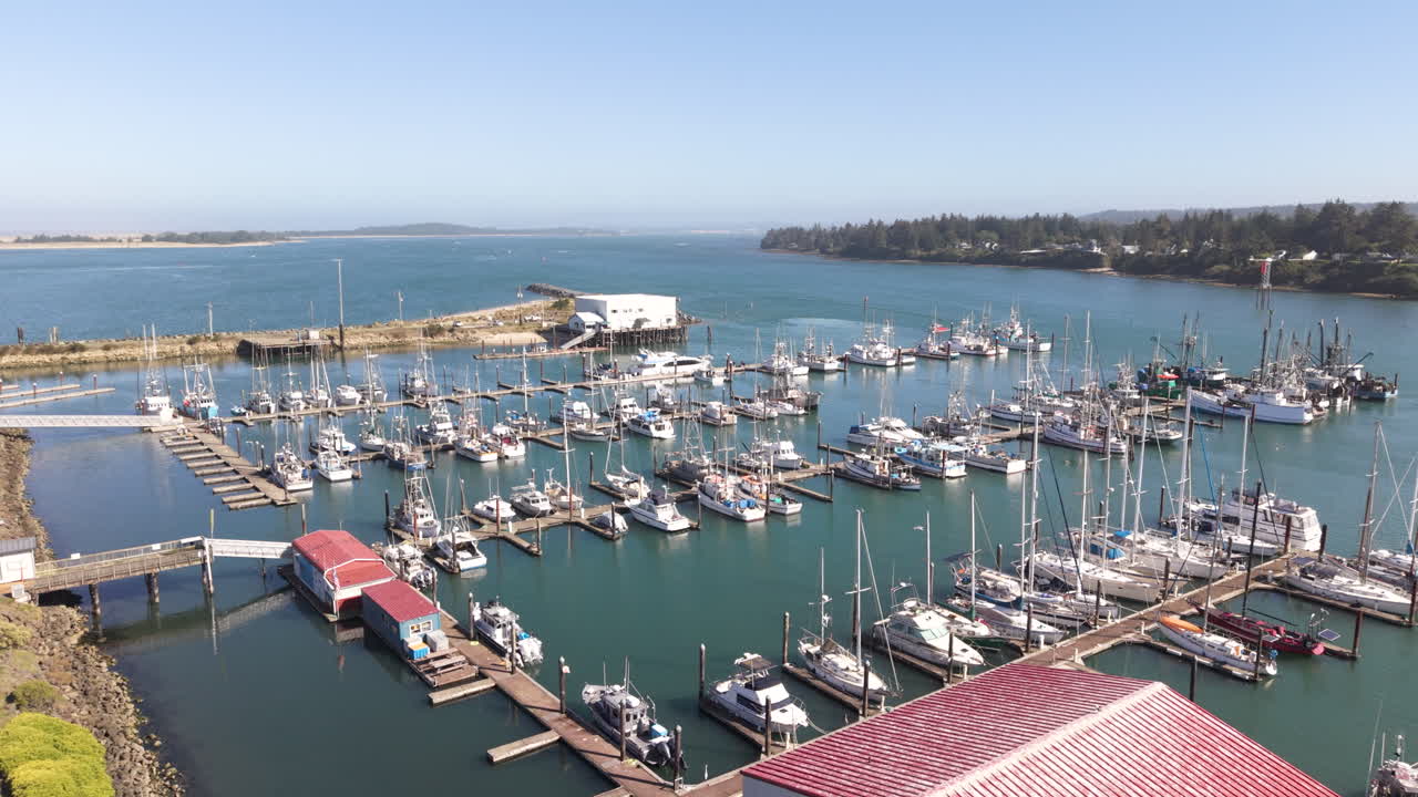 Seagulls flying over fishing boats docked at the marina in Charleston Oregon near Coos Bay. Drone pullback shot