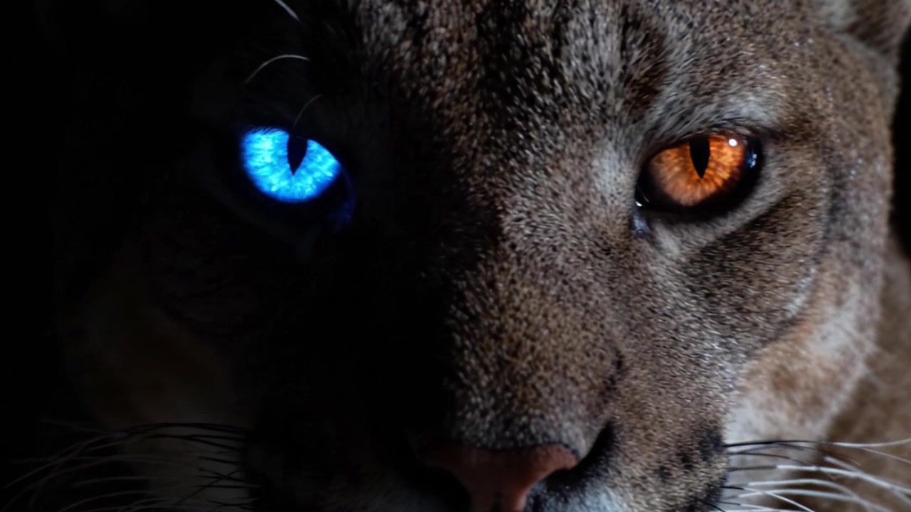 Close-up Hipnotizante de um Gato Selvagem Saltando com Olhos Azuis e Laranja Contrastantes Capturado em Iluminação Dramática