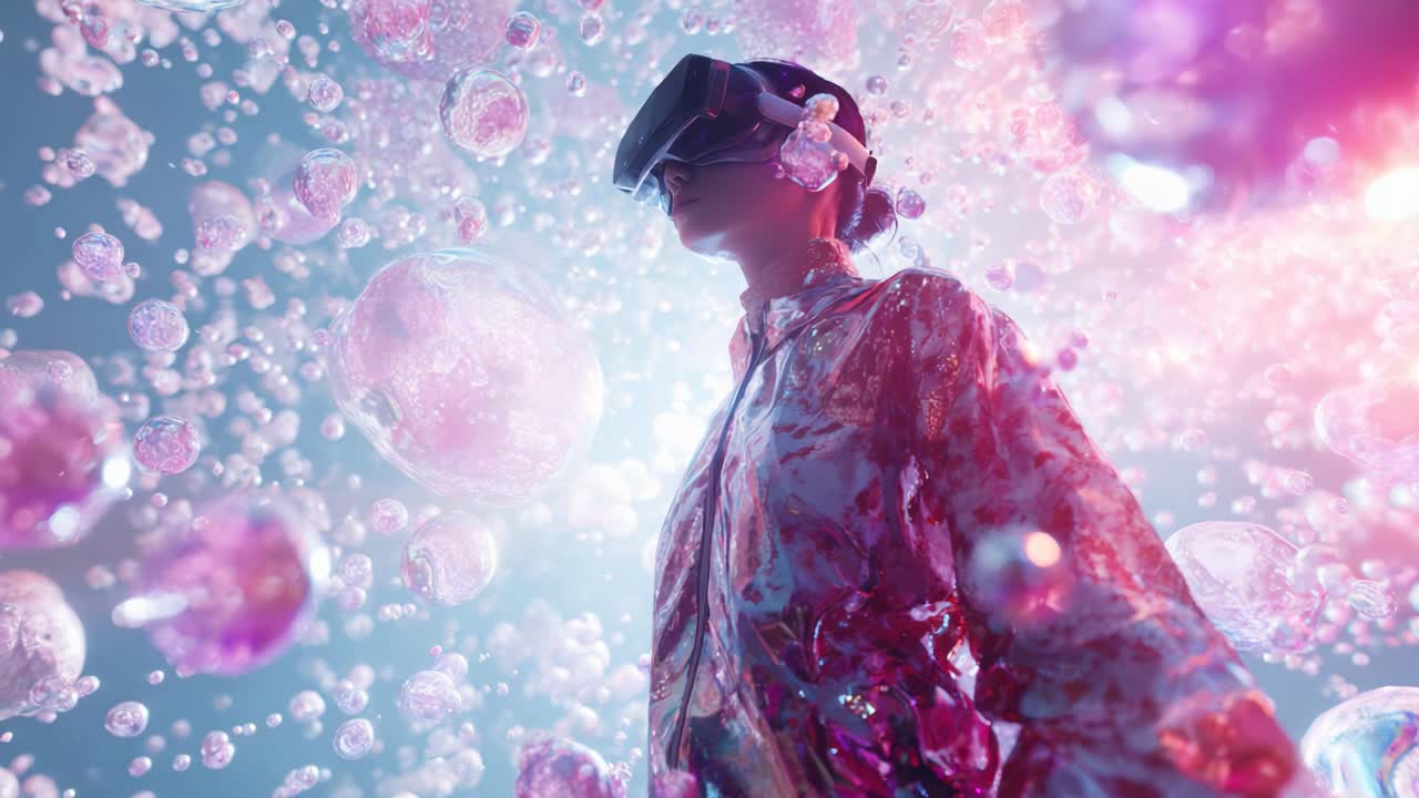 Immersive Virtual Reality Experience Captured in Stunning Visuals: A Person Engaged in a Surreal World of Colorful Bubbles and Dynamic Light Patterns, Breaching the Limits of Imagination