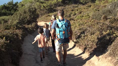 familia de turistas activos caminando por el camino al aire libre