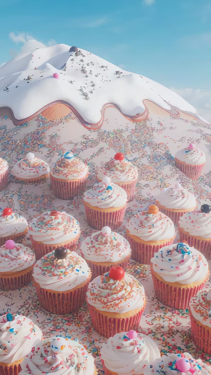 Dikey video: Kamera, serpme yüzeyinde duran ortalanmış cupcake'leri geriye doğru çekerek yığını ortaya çıkarıyor