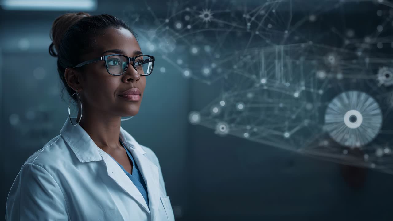 Watching hologram appearing in lab, doctor closing eyes, reflecting, refocusing in coat, copy space