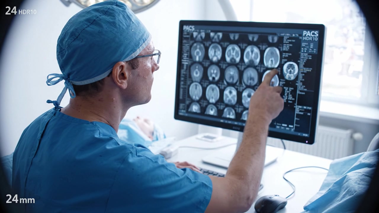 Chirurgo che analizza dati di imaging medico su workstation PACS per diagnosticare pazienti con tecnologia avanzata in un moderno ambiente sanitario.