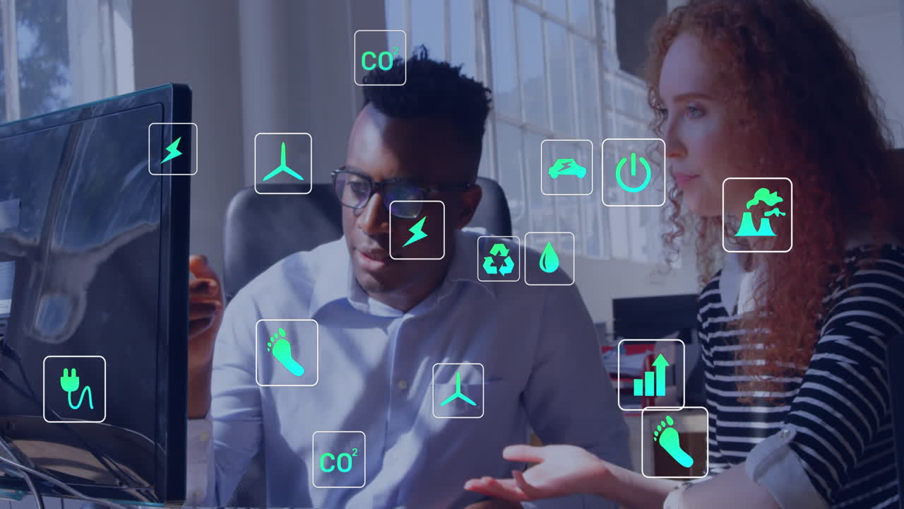 Animation of eco icons and data processing over diverse people using computer